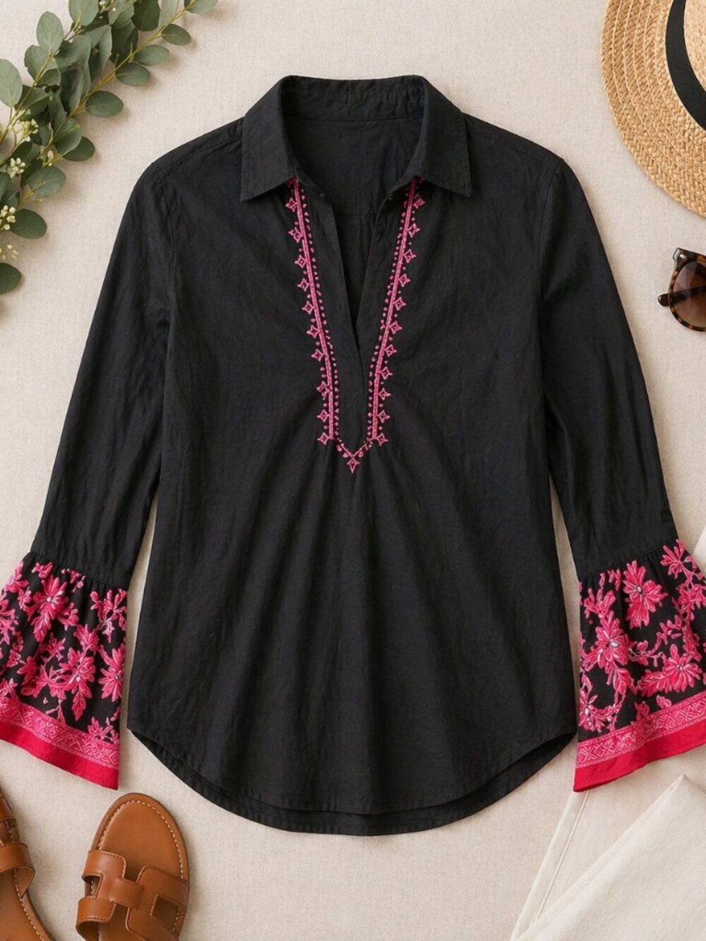 Rampage Black Tunic Blouse with Pink Embroidered Bell Sleeves